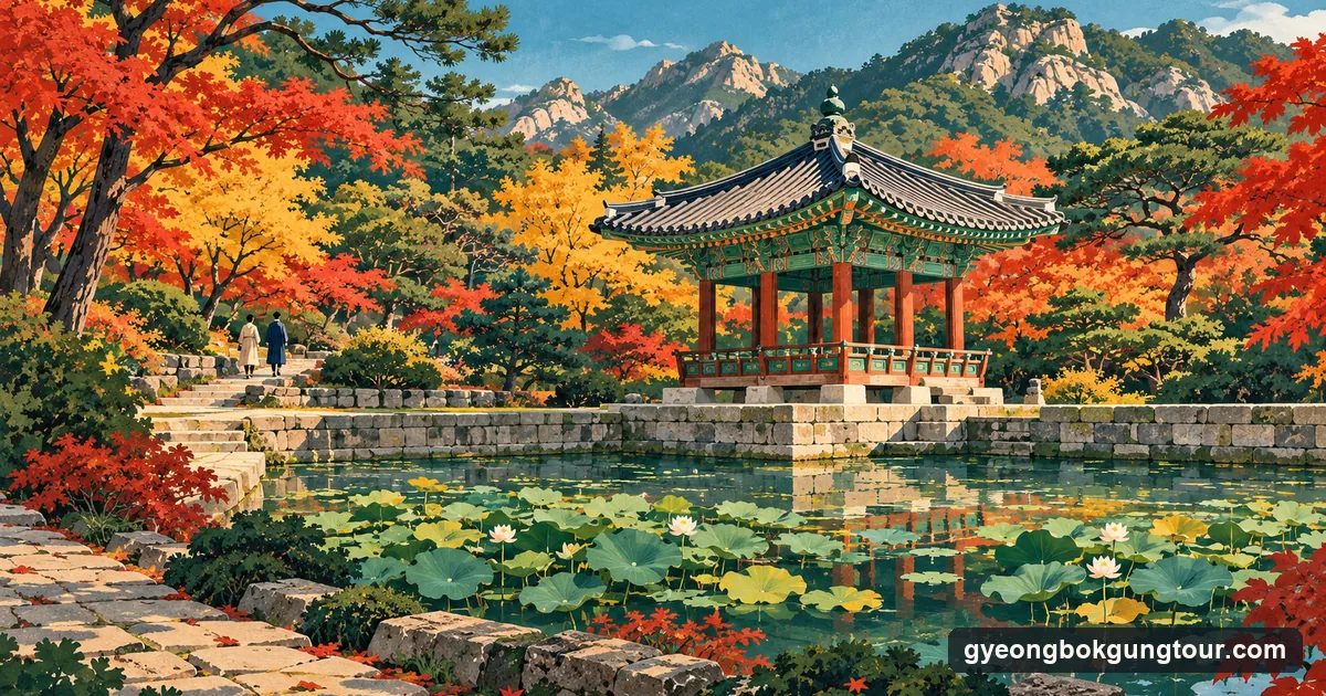 Illustration: a small Korean pavilion beside a square pond in a wooded garden with autumn maples, two figures in the distance
