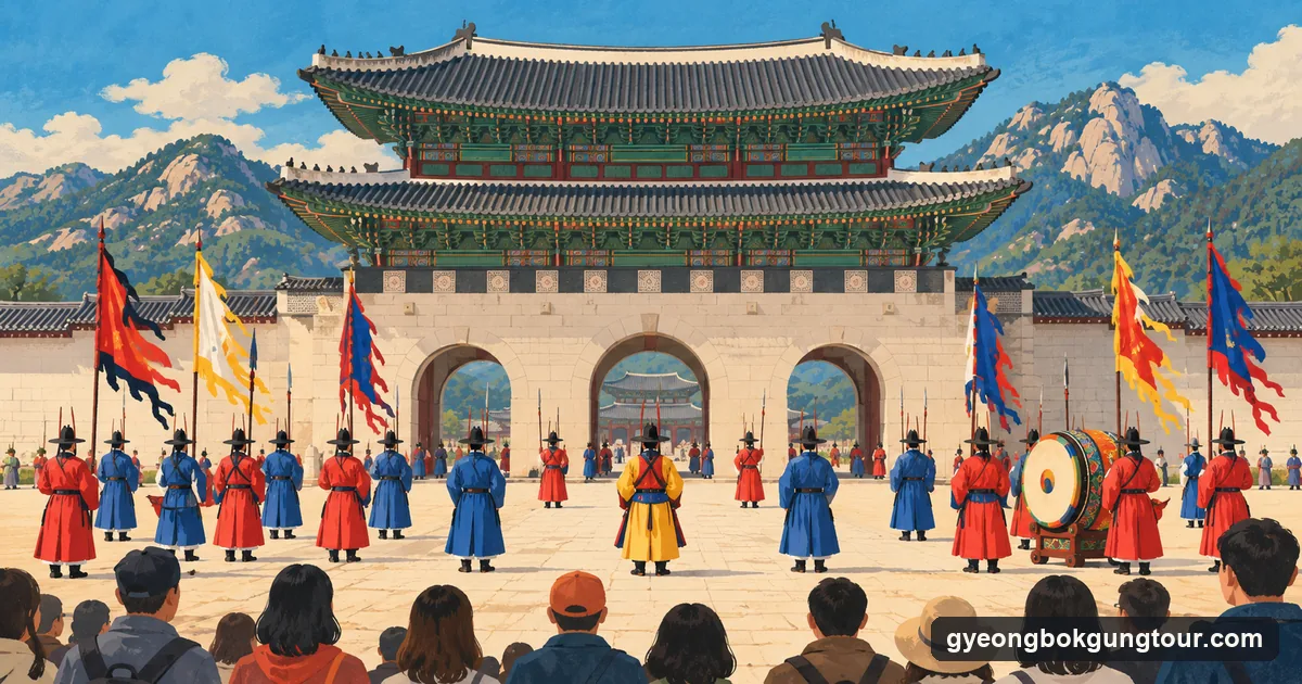 Illustration: Korean gate guards in red, blue and yellow Joseon-era uniforms with tall banners in front of a double-roofed palace gate, a crowd watching