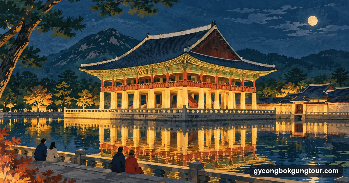 Illustration: a Korean pavilion on stone pillars lit gold at night, reflected in a still pond, small figures watching from the bank