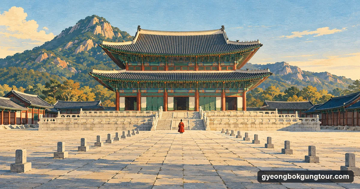 Illustration: an empty granite courtyard with rows of stone markers leading to a two-storey Korean throne hall in early morning light