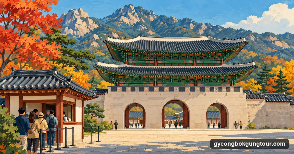 Illustration: a ticket booth beside a double-roofed Korean palace gate with three arched openings, small figures queuing, a granite mountain behind