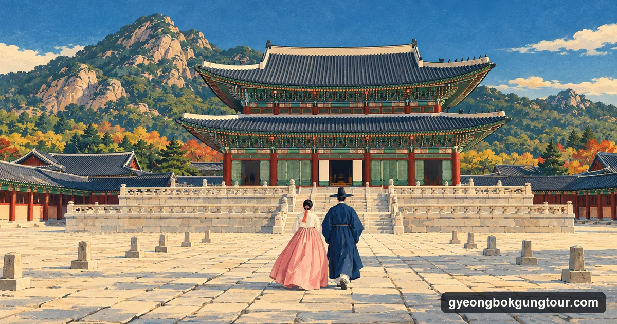 Illustration: two visitors in hanbok, seen from behind, crossing a granite palace courtyard towards a two-storey Korean throne hall